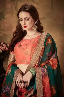 Green & Orange Colored Dori Zari And Sequins Embroidered & Digital Floral Printed Organza Wedding Lehenga Choli