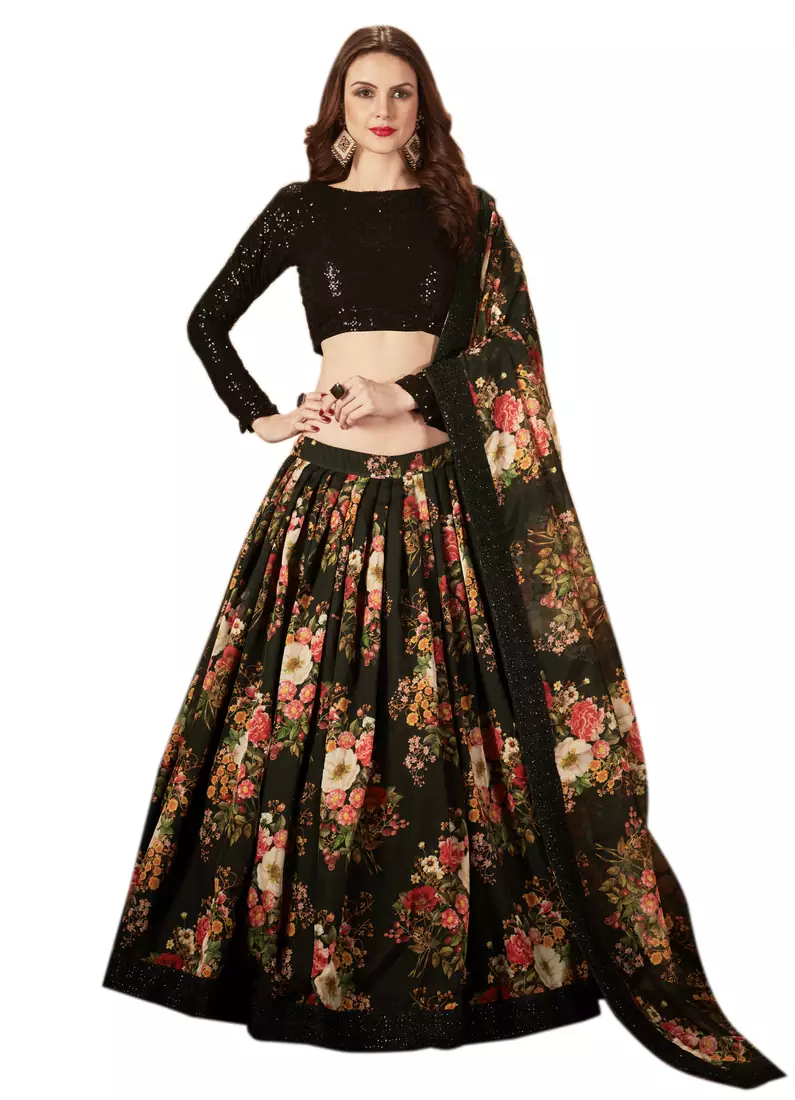 Bewitching Black Sequins, Resham, Zari And Dori embroidered organza fabric floral designer Lehenga choli