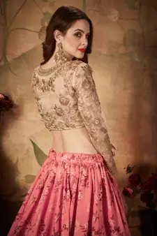 Meghalya Organza Floral Print Embroidered Pink Lehenga Choli Set
