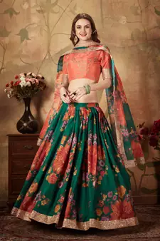 Green & Orange Colored Dori Zari And Sequins Embroidered & Digital Floral Printed Organza Wedding Lehenga Choli