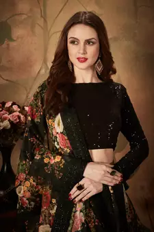 Black Sequins Resham Zari And Dori Embroidered Organza Floral Designer Lehenga Choli