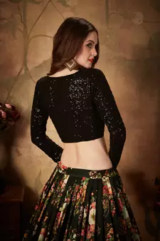 Black Sequins Resham Zari And Dori Embroidered Organza Floral Designer Lehenga Choli