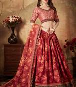 Maroon & Peach Colored Dori Zari And Sequins Embroidered & Digital Floral Printed Organza Party Wear Lehenga