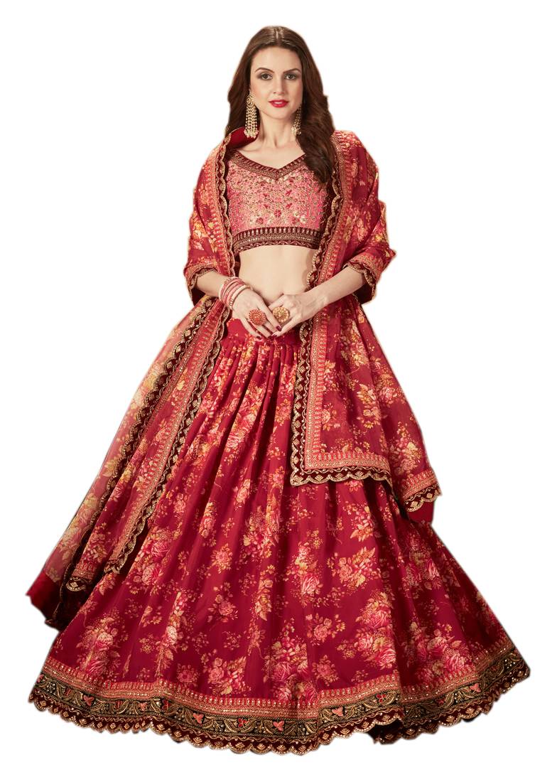 Maroon & Peach Colored Dori, Zari, and Sequins embroidered & Digital Floral Printed organza party wear Lehenga