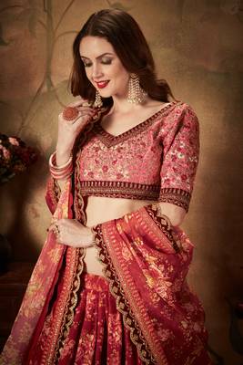 Maroon & Peach Colored Dori Zari And Sequins Embroidered & Digital Floral Printed Organza Party Wear Lehenga 2