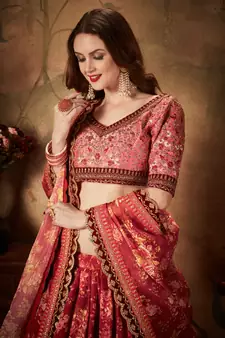 Maroon & Peach Colored Dori Zari And Sequins Embroidered & Digital Floral Printed Organza Party Wear Lehenga