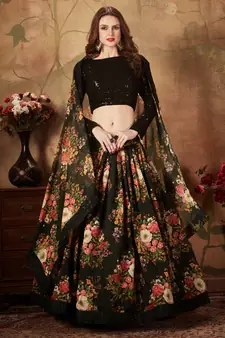 Black Sequins Resham Zari And Dori Embroidered Organza Floral Designer Lehenga Choli
