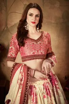Beige Embroidered Organza Semi Stitched Lehenga Choli For Bridesmaid