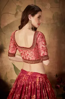 Maroon & Peach Colored Dori Zari And Sequins Embroidered & Digital Floral Printed Organza Party Wear Lehenga