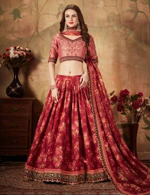 Maroon & Peach Colored Dori Zari And Sequins Embroidered & Digital Floral Printed Organza Party Wear Lehenga 4