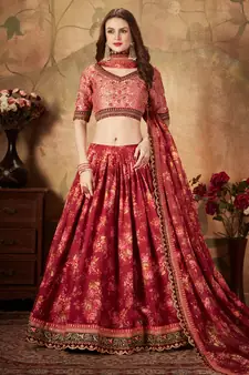 Maroon & Peach Colored Dori Zari And Sequins Embroidered & Digital Floral Printed Organza Party Wear Lehenga