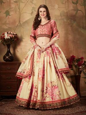 Beige Embroidered Organza Semi Stitched Lehenga Choli For Bridesmaid 1