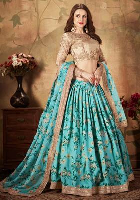 Sky-Blue & Beige Dori Zari And Sequins Embroidered & Floral Organza Lehenga Choli For Bride 1