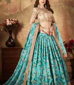 Sky-Blue & Beige Dori Zari And Sequins Embroidered & Floral Organza Lehenga Choli For Bride