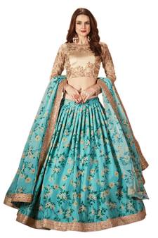 Sky-blue & Beige Dori, Zari, and Sequins embroidered & Floral organza Lehenga Choli for bride