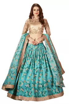 Sky-blue & Beige Dori, Zari, and Sequins embroidered & Floral organza Lehenga Choli for bride