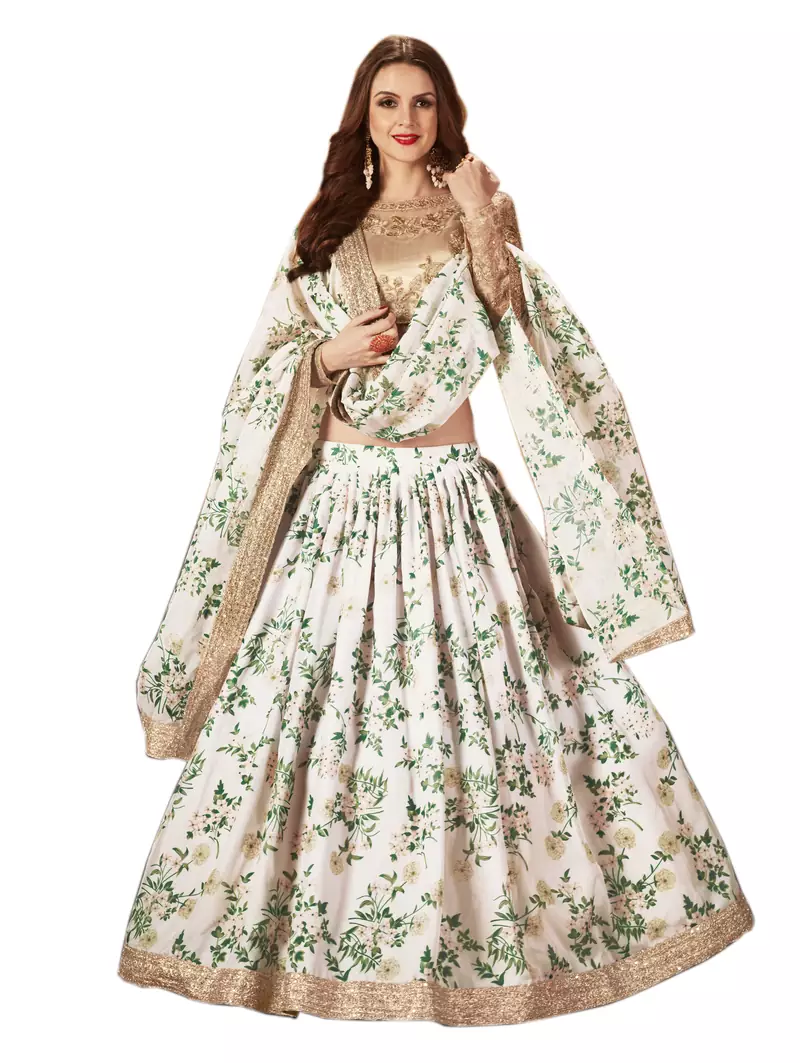 Off-White & Beige Dori, Zari, and Sequins embroidered & Floral Party wear Lehenga