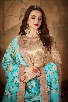 Sky-Blue & Beige Dori Zari And Sequins Embroidered & Floral Organza Lehenga Choli For Bride