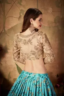 Sky-Blue & Beige Dori Zari And Sequins Embroidered & Floral Organza Lehenga Choli For Bride