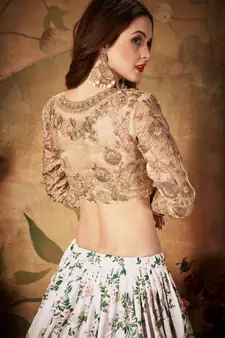 Off-White and Beige Organza Printed Lehenga