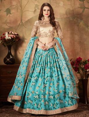 Sky-Blue & Beige Dori Zari And Sequins Embroidered & Floral Organza Lehenga Choli For Bride 4