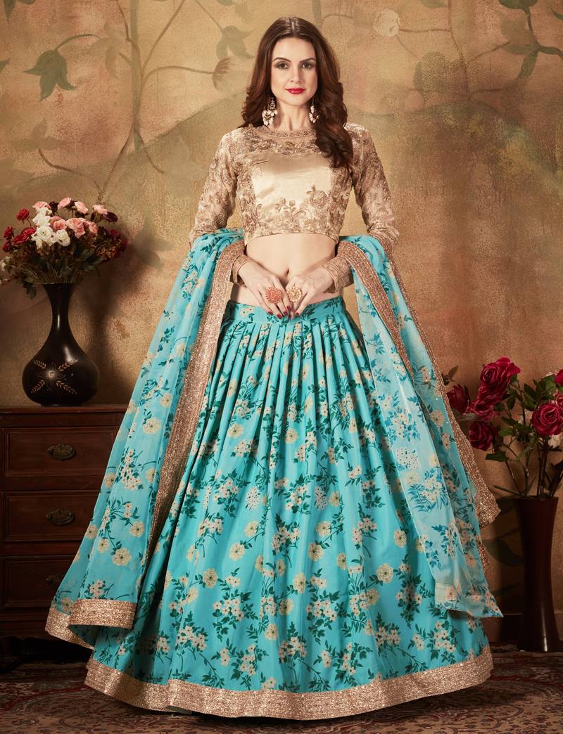 Sky-Blue & Beige Dori Zari And Sequins Embroidered & Floral Organza Lehenga Choli For Bride