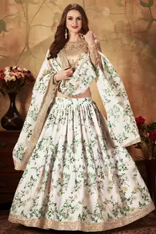 Off-White and Beige Organza Printed Lehenga