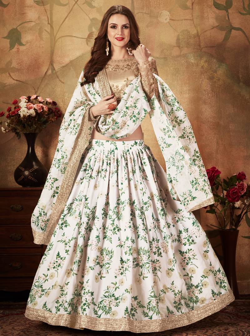 Off-White and Beige Organza Printed Lehenga
