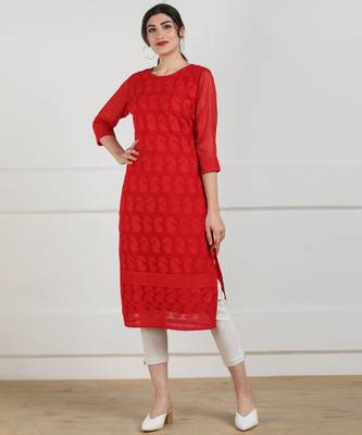 Red embroidered georgette chikankari-kurtis 1