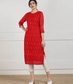 Red embroidered georgette chikankari-kurtis