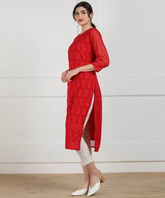 Red embroidered georgette chikankari-kurtis 3