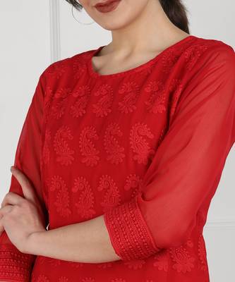 Red embroidered georgette chikankari-kurtis 5