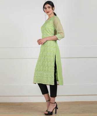 Light-parrot-green embroidered georgette chikankari-kurtis 3