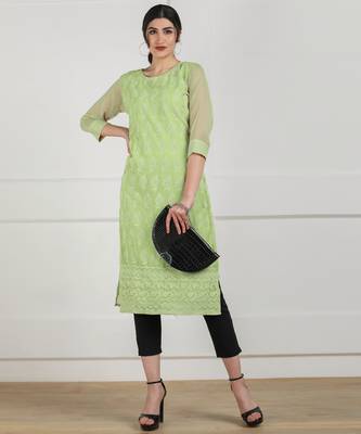 Light-parrot-green embroidered georgette chikankari-kurtis 4