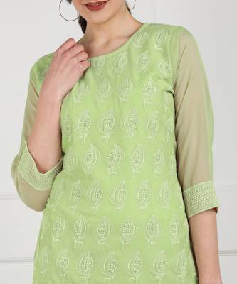 Light-parrot-green embroidered georgette chikankari-kurtis 5