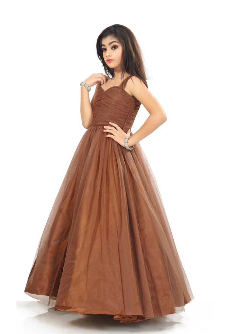 Kids Brown Readymade Wedding Wear Gown For Girls 