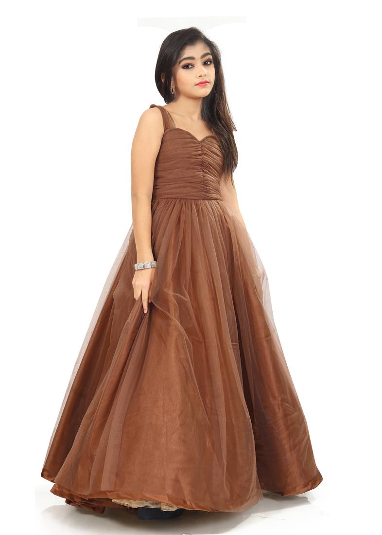 Kids Brown Readymade Wedding Wear Gown For Girls 