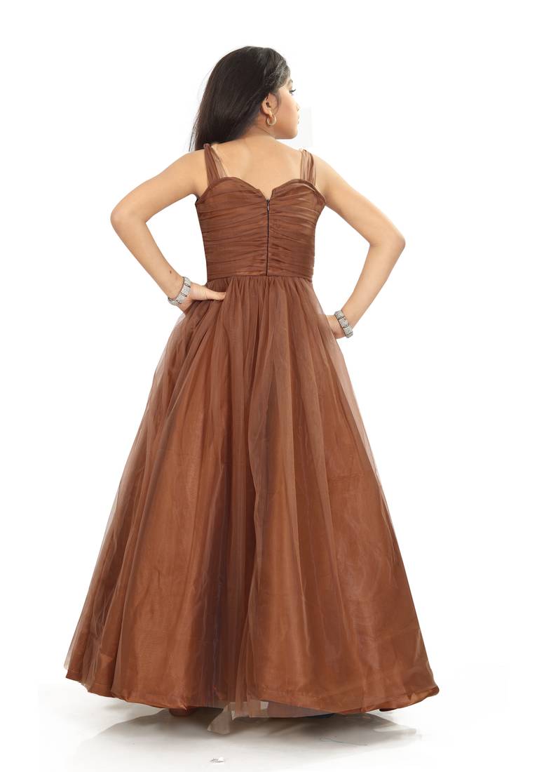 Kids Brown Readymade Wedding Wear Gown For Girls 