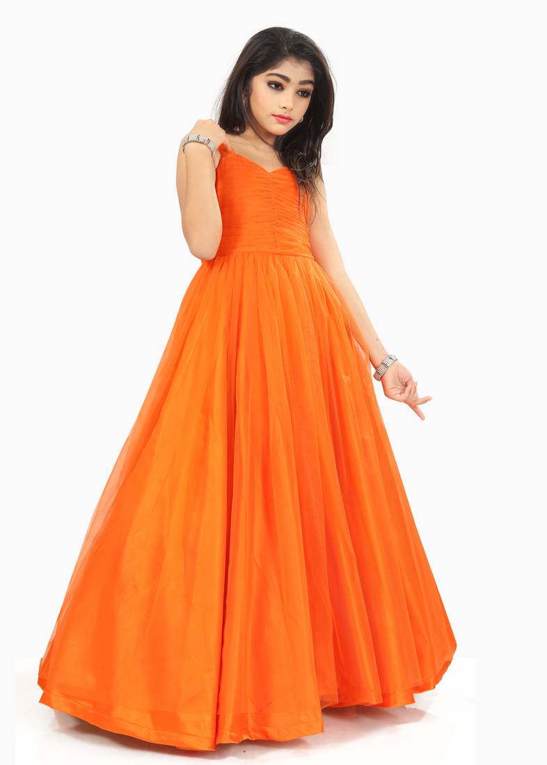 Kids Orange Wedding Wear Gown For Girls 