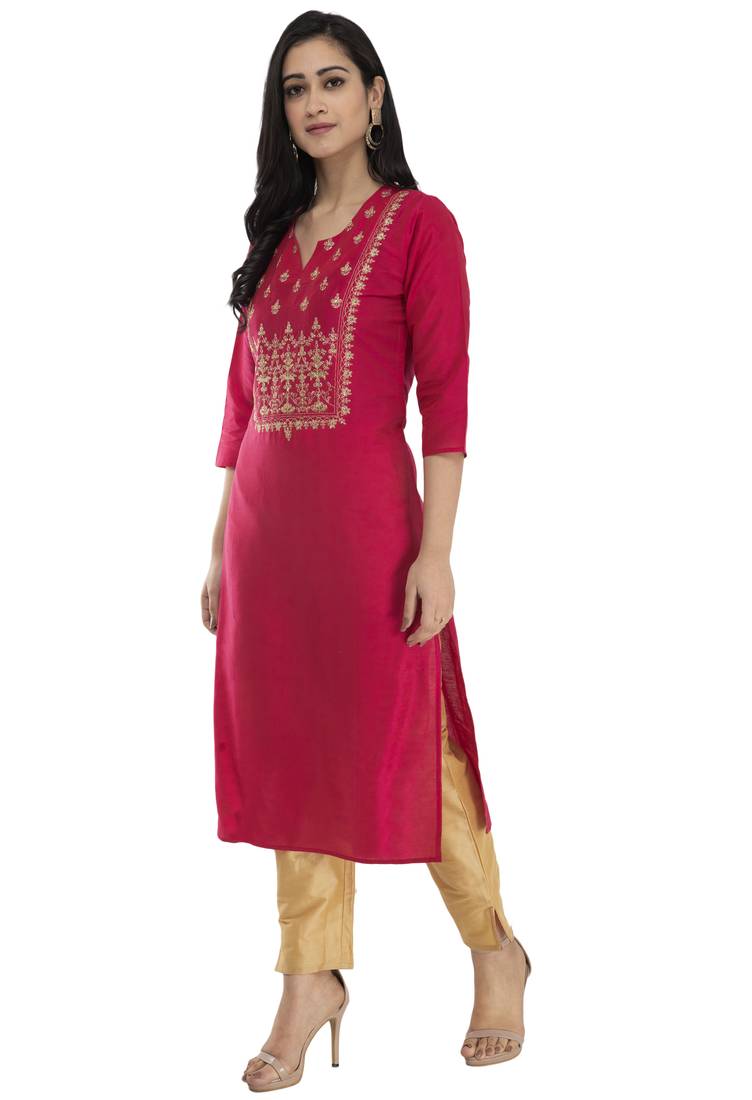 Lagi Women Straight Floral Embroidery Silk Kurta (Rk2164 A)