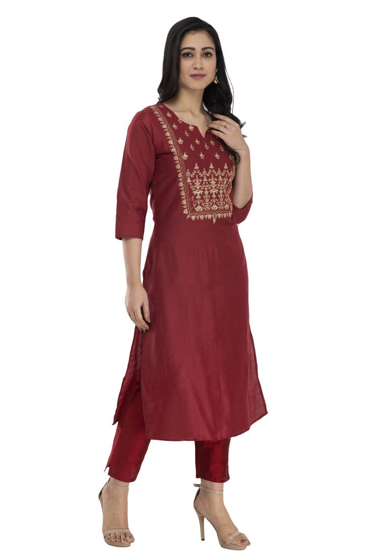 Lagi Women Straight Floral Embroidery Silk Kurta (Rk2164 B)