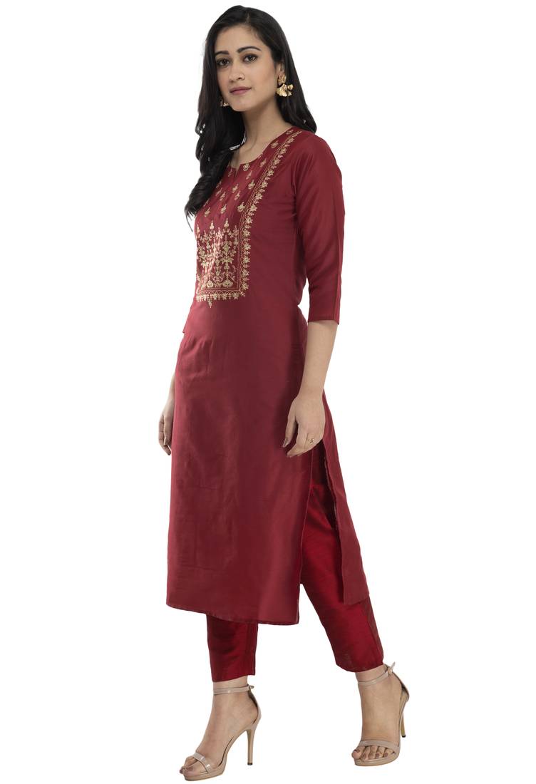 Lagi Women Straight Floral Embroidery Silk Kurta (Rk2164 B)