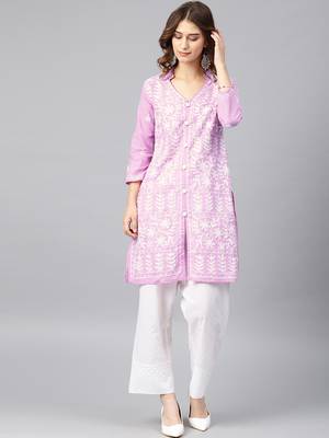 Light-purple embroidered cotton embroidered-kurtis 1
