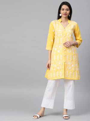 Yellow embroidered cotton embroidered-kurtis 1