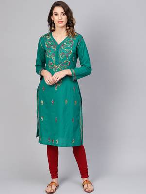Green hand woven cotton chikankari-kurtis 1