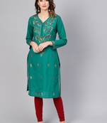 Green hand woven cotton chikankari-kurtis