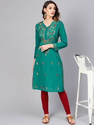 Green hand woven cotton chikankari-kurtis 3