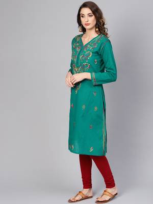 Green hand woven cotton chikankari-kurtis 4