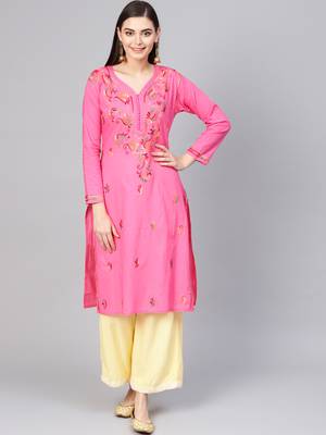Pink hand woven cotton chikankari-kurtis 1