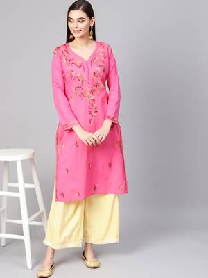 Pink hand woven cotton chikankari-kurtis 3
